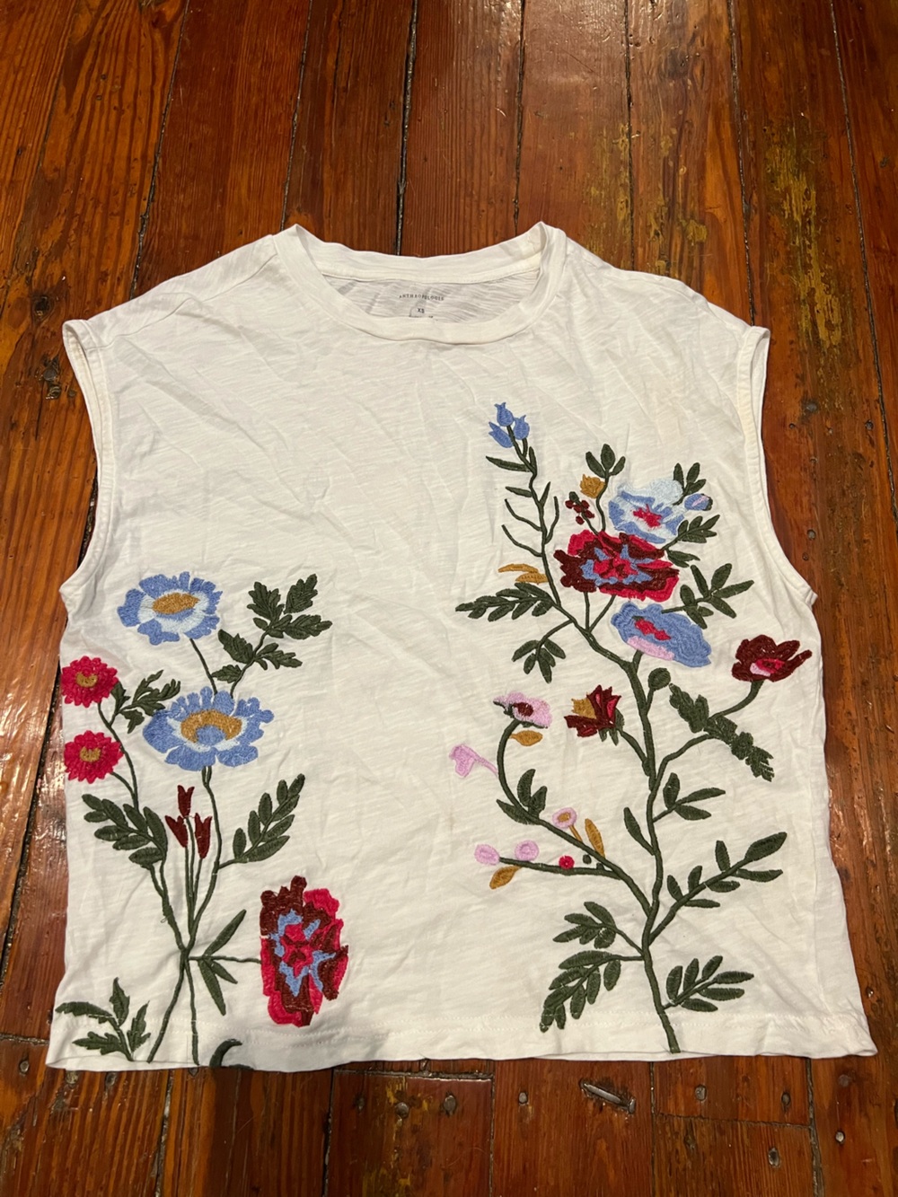 Anthropologie White Tank Top with Multicolor Floral Embroidery